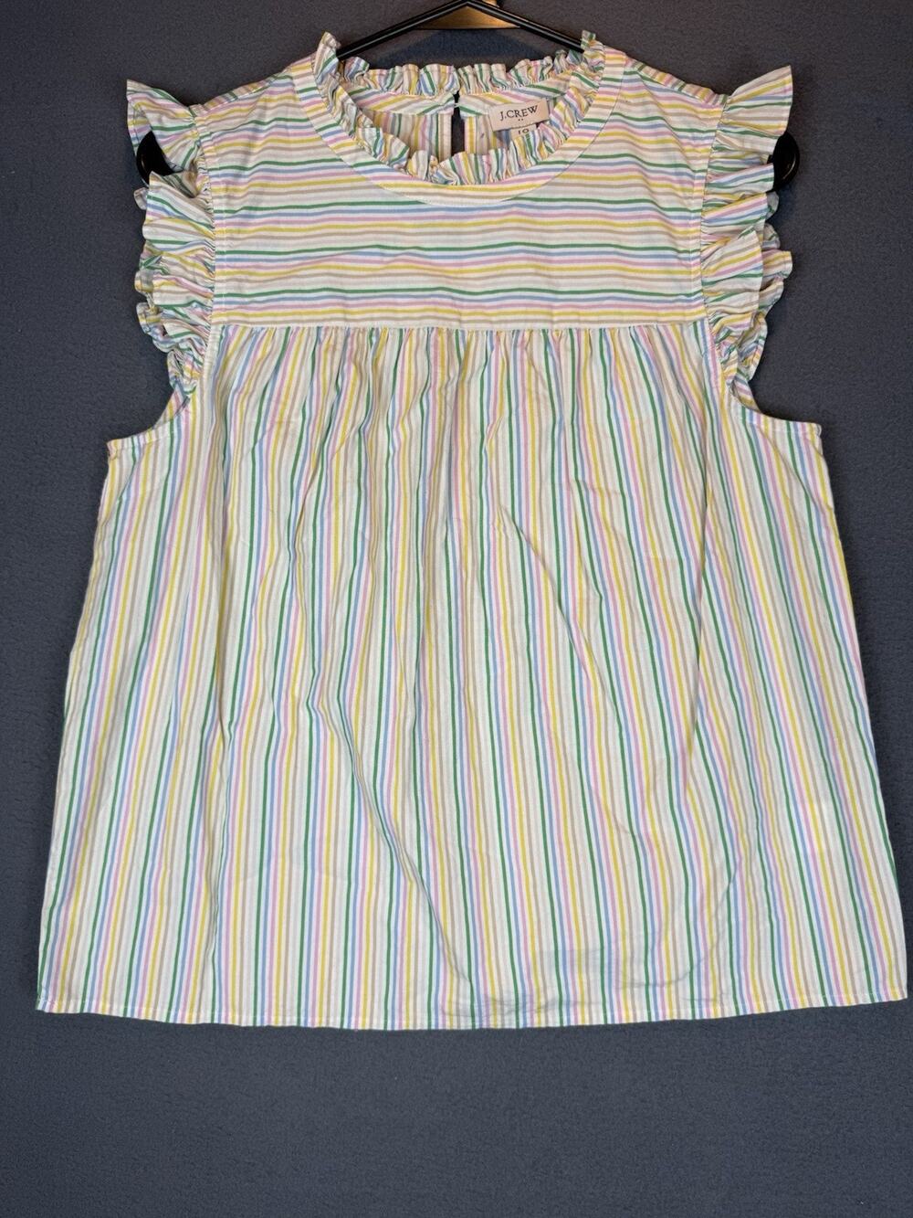J Crew Blouse Size 10 Pastel Striped Ruffled Shirt 100% Cotton Blouse